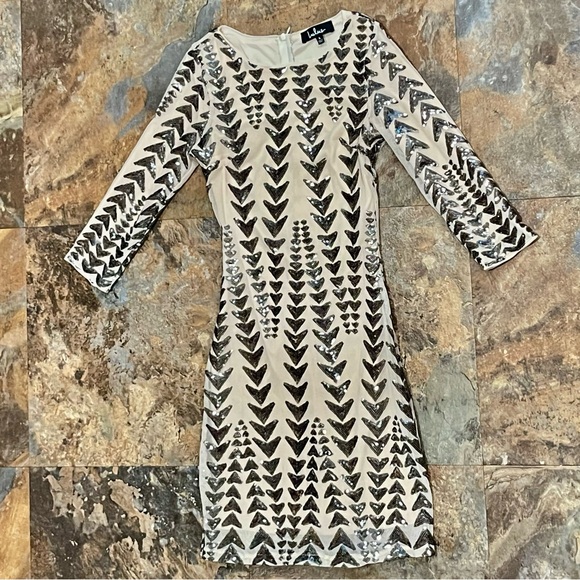 Lulu's Shine On Me Nude and Gunmetal Sequin Bodycon Mini Dress SZ S - Picture 4 of 11